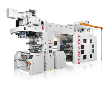 Computerized servo controlled central impression flexographic printing machine, with anilox and printing sleeves systems.